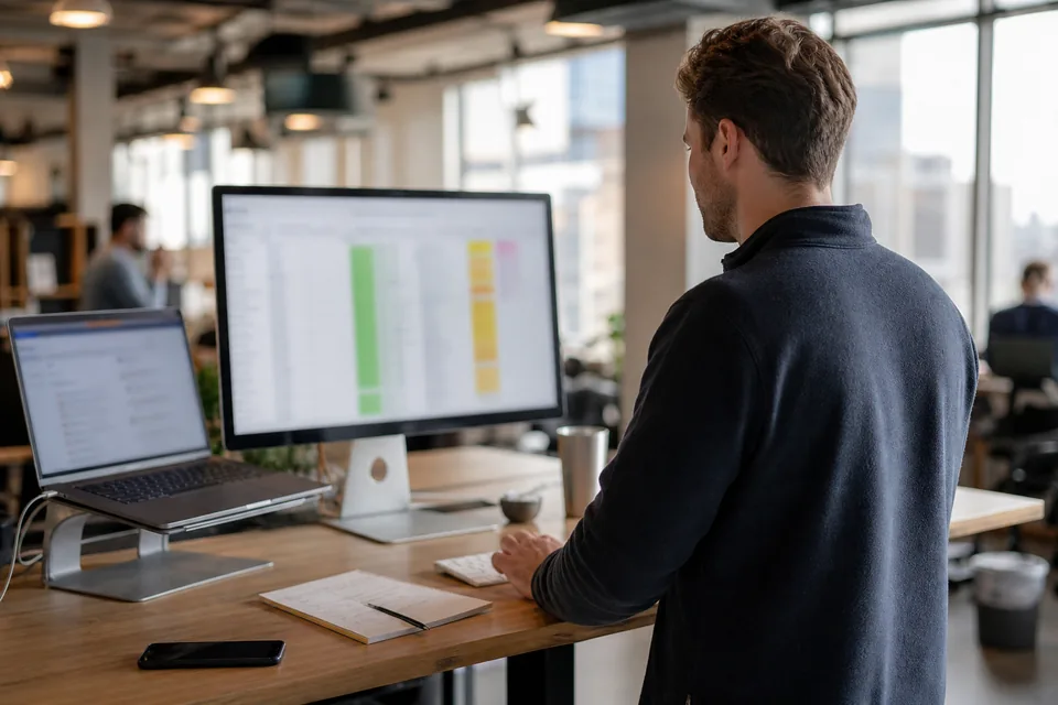 Sales rep checking a list of LinkedIn leads with found email addresses on a monitor