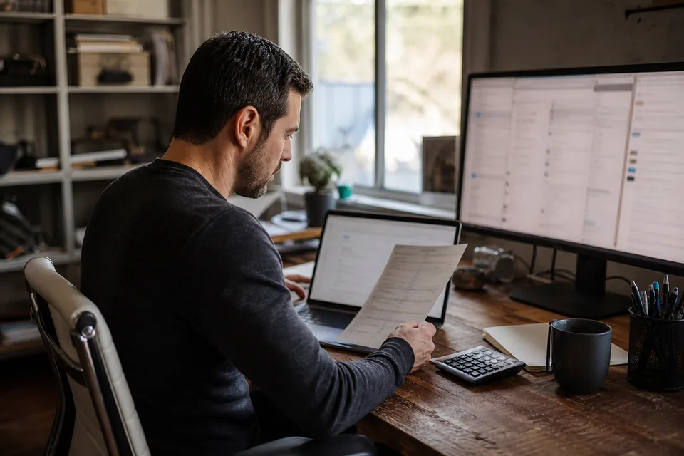 Agency owner at a desk comparing a monthly software budget on a laptop with a printed invoice and calculator