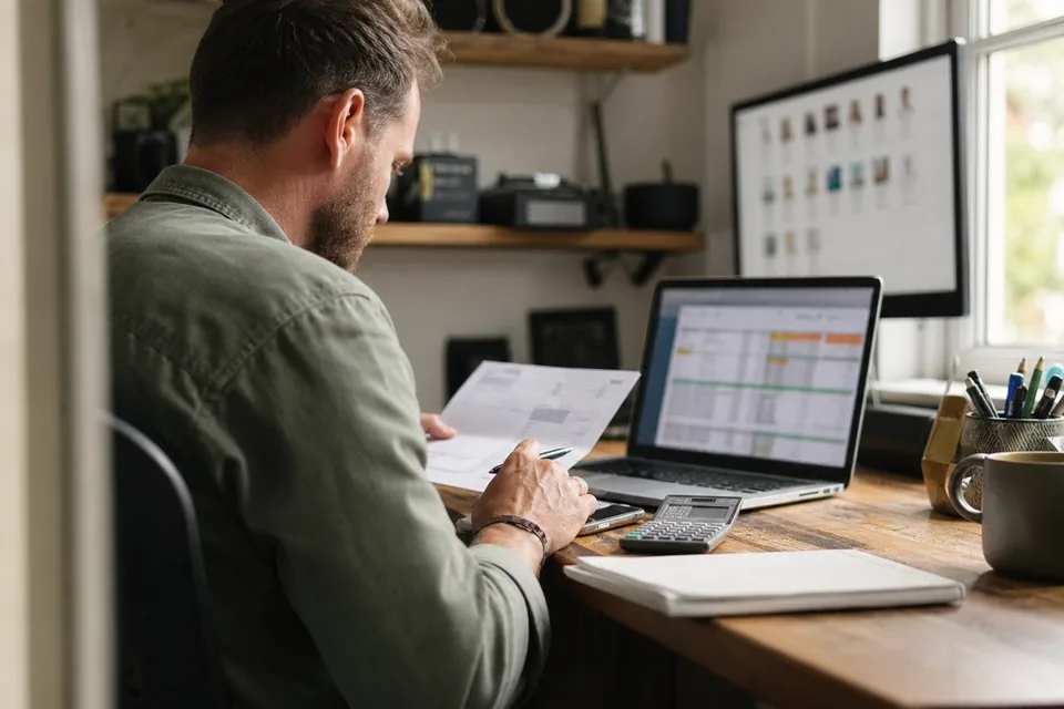 Business owner reviewing a monthly software budget on a laptop
